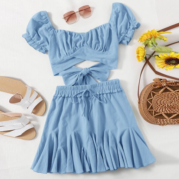 

Ruched Bust Cross Wrap Tie Back Crop Top & Godet Hem Skirt Set, Baby blue