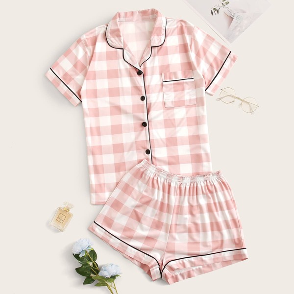 

Plus Contrast Binding Gingham Pajama Set, Multicolor
