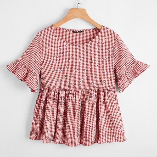 

Flounce Sleeve Floral Peplum Top, Red and white