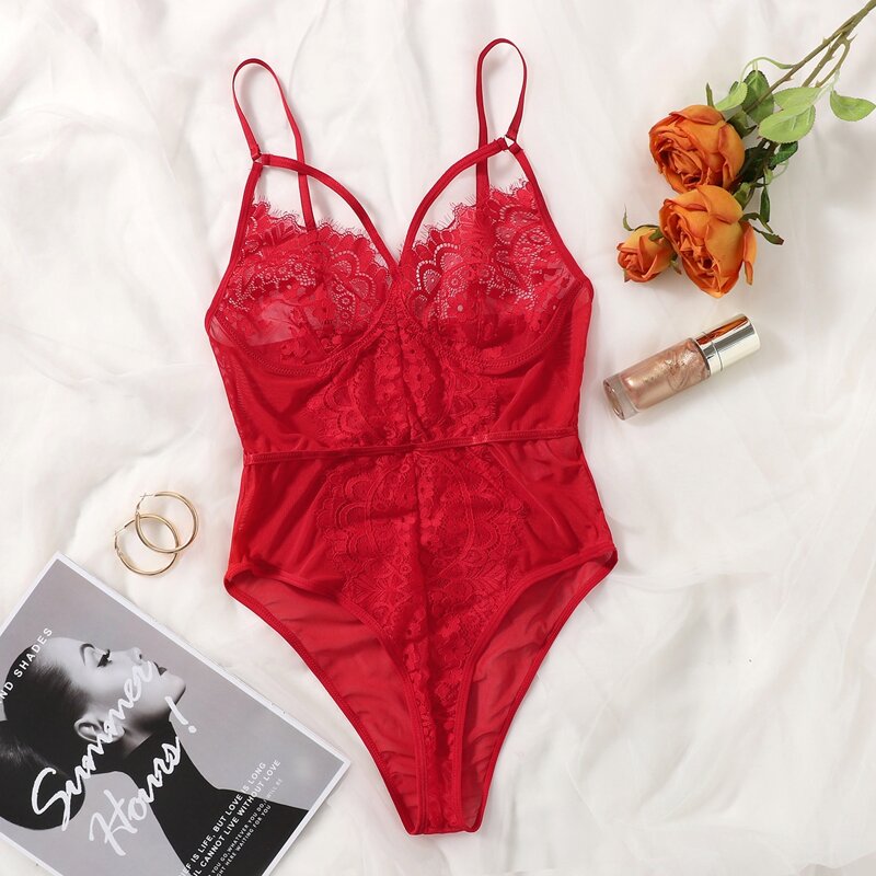 

Contrast Lace Mesh Harness Teddy Bodysuit, Red