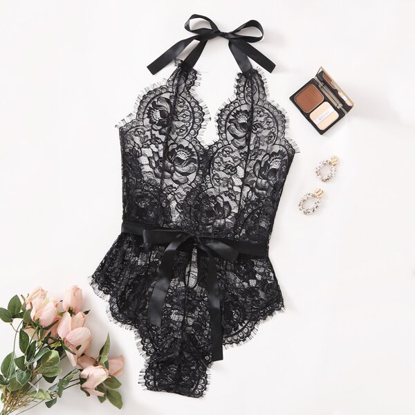 

Floral Lace Belted Halter Teddy Bodysuit, Black
