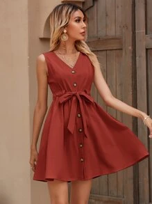 Vestido con cordón con botón delantero - Rojo - Ver 1