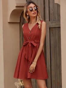 Vestido con cordón con botón delantero - Rojo - Ver 4