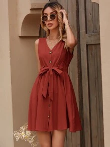 Vestido con cordón con botón delantero - Rojo - Ver 5