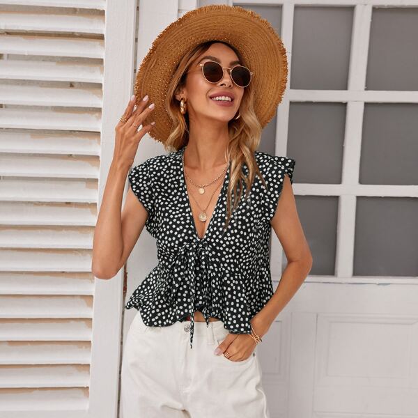 

Ditsy Floral Tie Front Peplum Top, Black