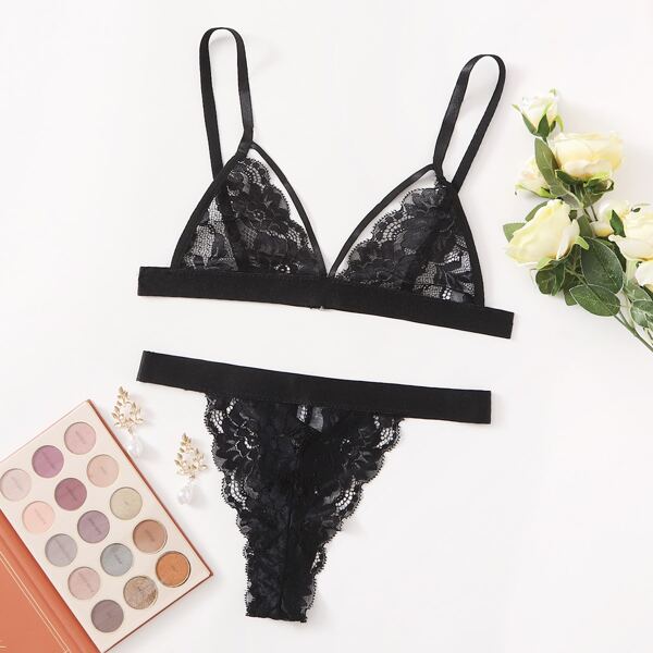

Floral Lace Harness Lingerie Set, Black