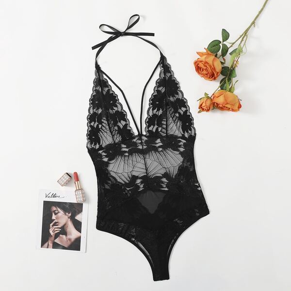 

Прозрачный Ровный цвет Романтический Сексуально-женское белье, Чёрный