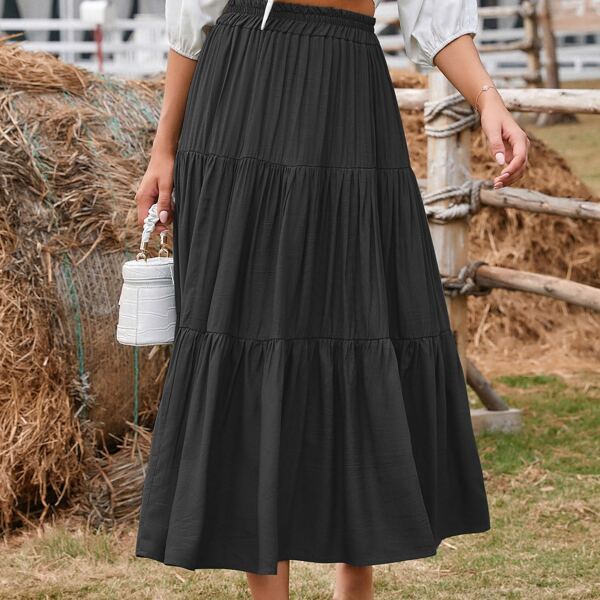 

Paperbag Waist Ruffle Hem Solid Skirt, Black