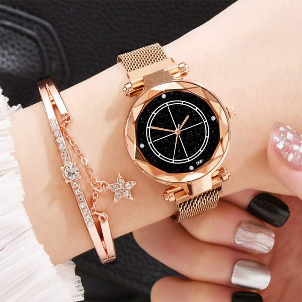 

1pc Mesh Strap Starry Sky Dial Quartz Watch & 1pc Bracelet