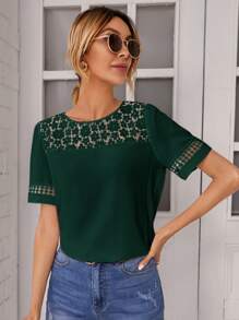 SHEIN Frenchy 拼接蕾絲短袖襯衫 - 墨綠色 - 查看 1