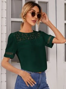 SHEIN Frenchy 拼接蕾絲短袖襯衫 - 墨綠色 - 查看 3