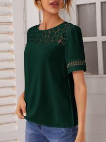 SHEIN Frenchy 拼接蕾絲短袖襯衫 - 墨綠色 - 查看 4