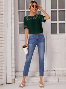 SHEIN Frenchy 拼接蕾絲短袖襯衫 - 墨綠色 - 查看 5