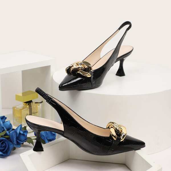 

Chain Decor Slingback Pumps, Black