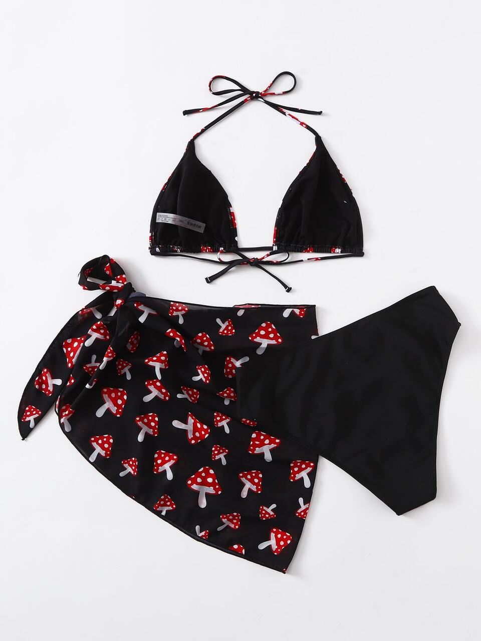 Summer Beach Plus Mushroom Bikini Set Halter Triangle Bra & High Waisted Bottom & Beach Skirt 3 Piece Bathing Suit