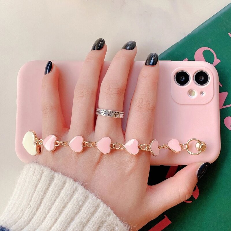 

Heart Chain Hand Strap Phone Case, Baby pink