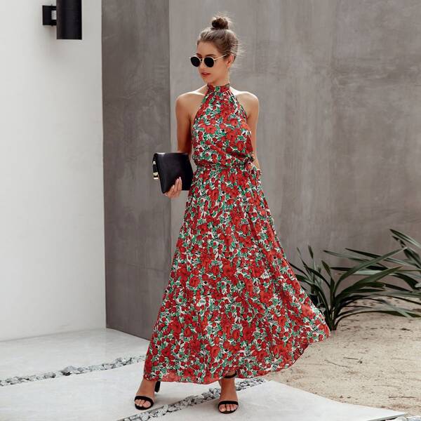

Floral Backless Belted Floral Maxi Dress, Multicolor