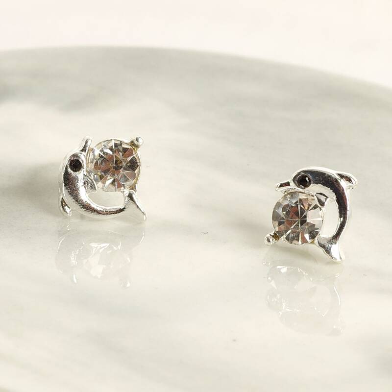 

Dolphin & Rhinestone Stud Earrings, Silver