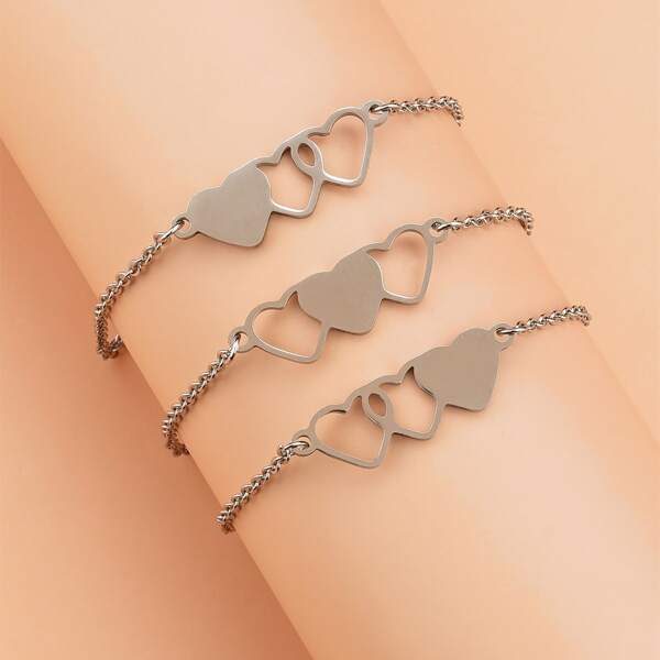 

3pcs Heart Decor Chain Bracelet, Silver