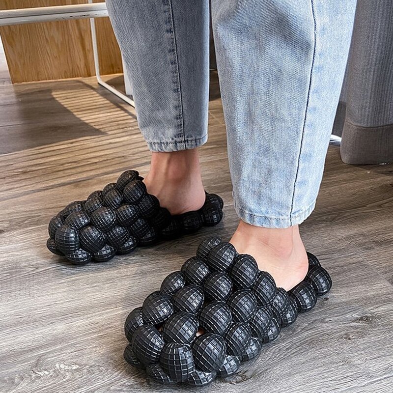 

Pom Pom Linked Slide Sandals, Black