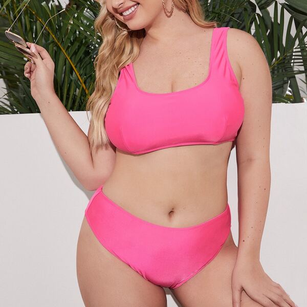

Plus Solid High Waisted Bikini Swimsuit, Hot pink