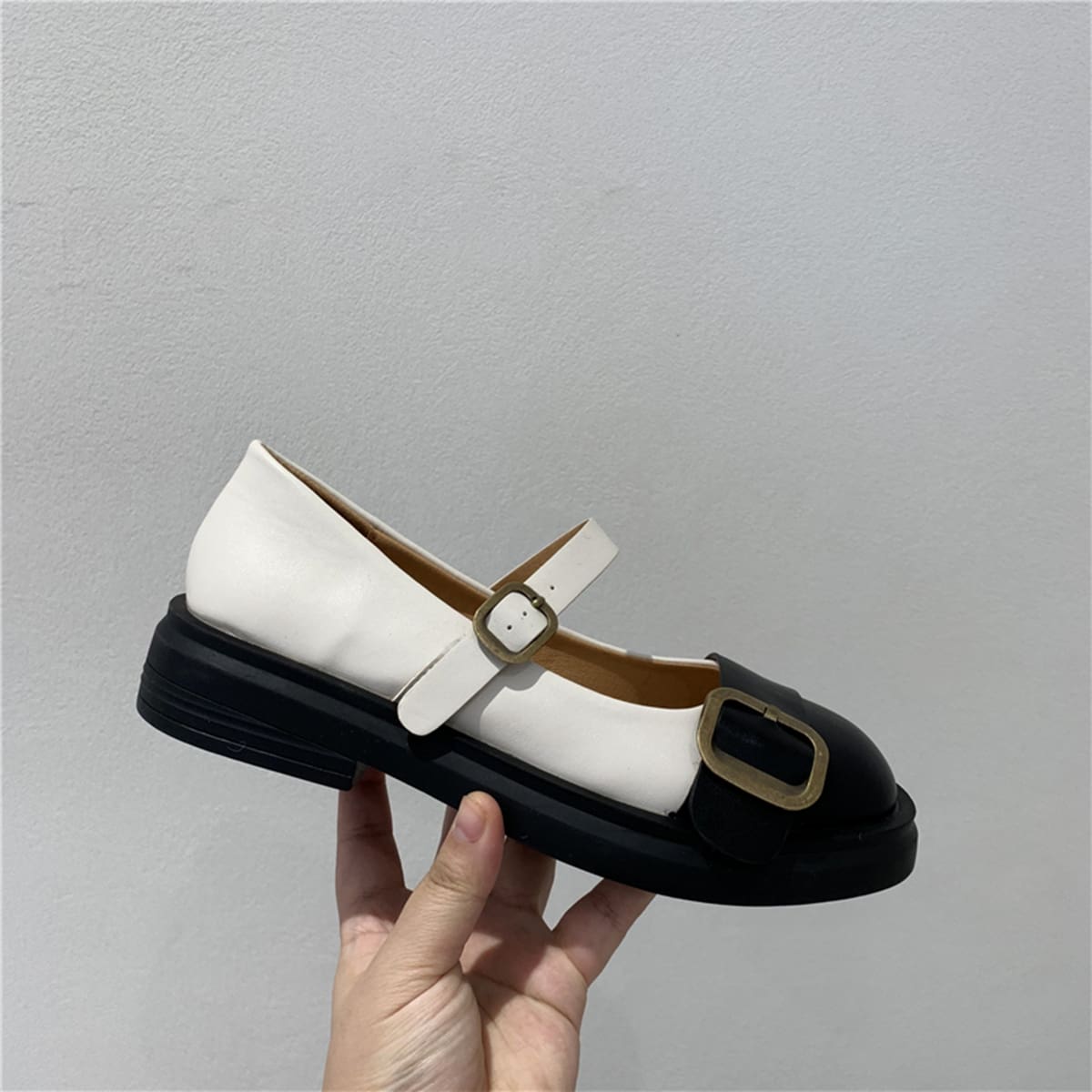 

Colorblock Double Buckle Mary Jane Flats, Black and white