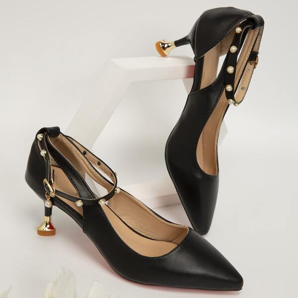 

Faux Pearl Decor Point Toe Pumps, Black