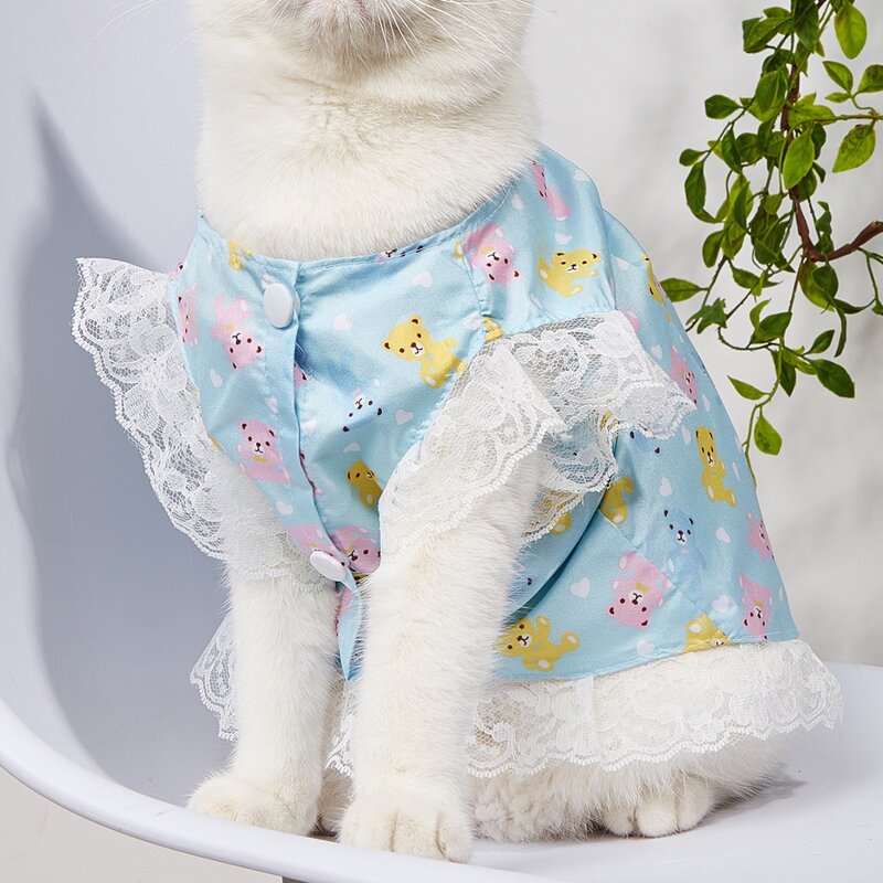 

Cartoon Bear Print Lace Pet Dress, Baby blue