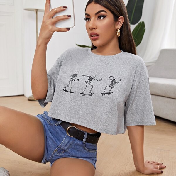 

Drop Shoulder Skeleton Print Tee, Light grey