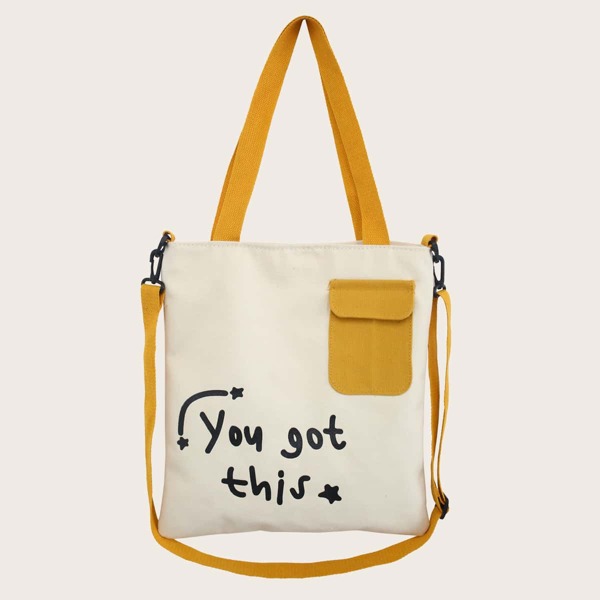 

Pocket Decor Letter Graphic Tote Bag, White