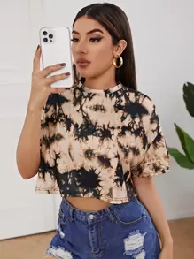 SHEIN EZwear Drop Shoulder Tie Dye Crop Tee - Multicolor - View 1