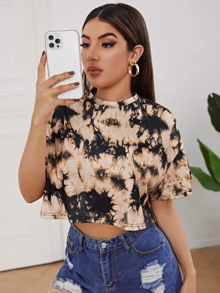 SHEIN EZwear Drop Shoulder Tie Dye Crop Tee - Multicolor - View 1