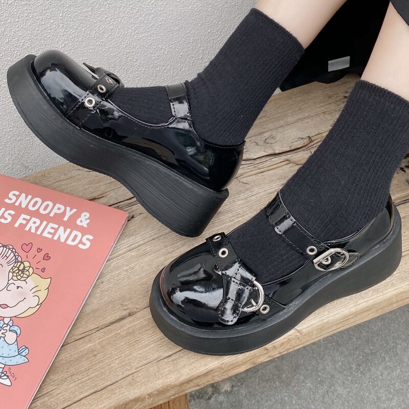 

Double Ring Buckle Mary Jane Wedges, Black