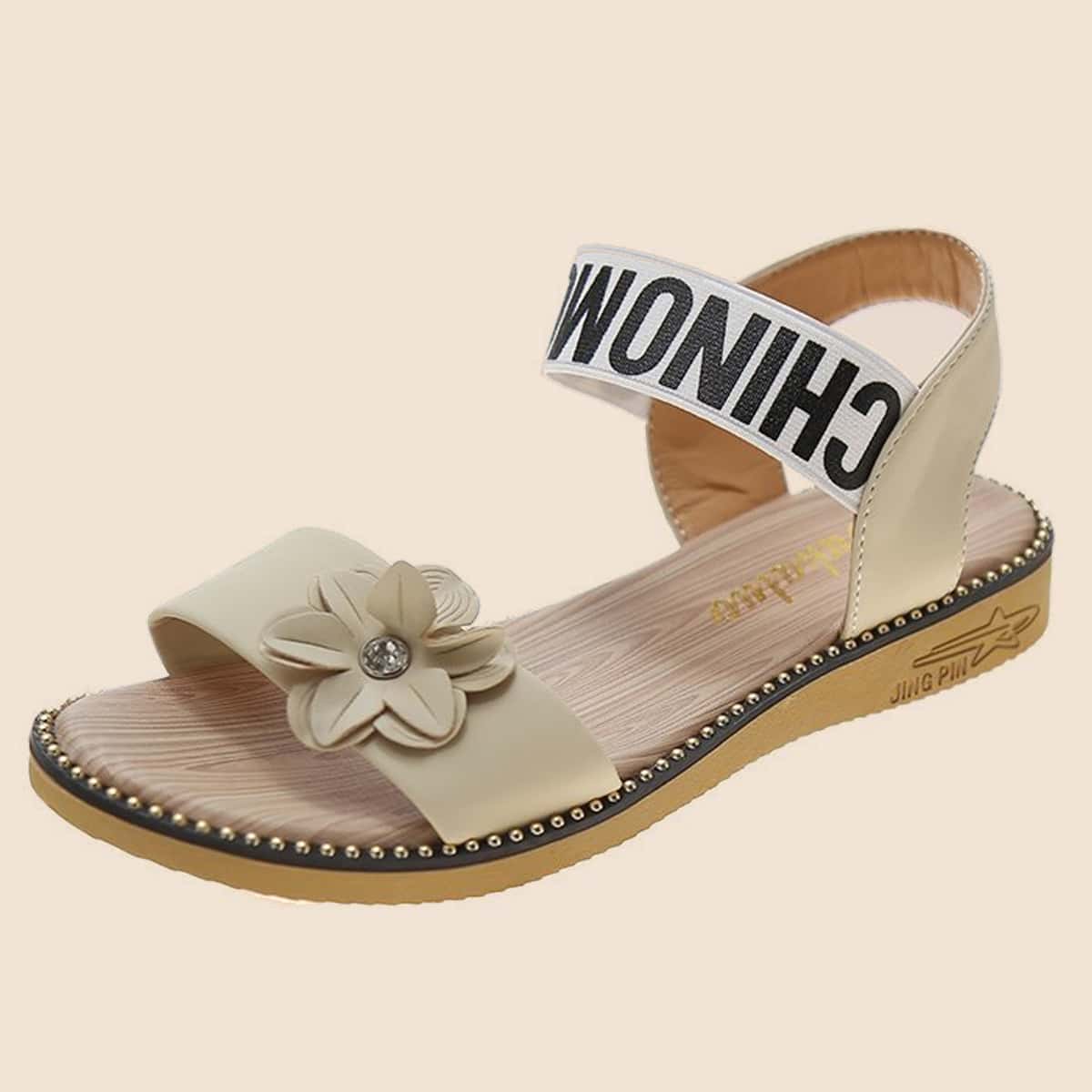 

Floral Applique Flat Sandals, Khaki
