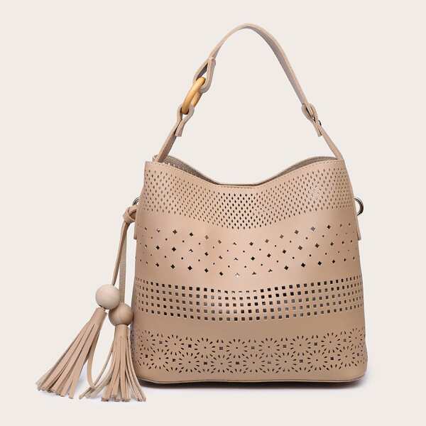 

Tassel Charm Shoulder Bag With Inner Pouch, Apricot
