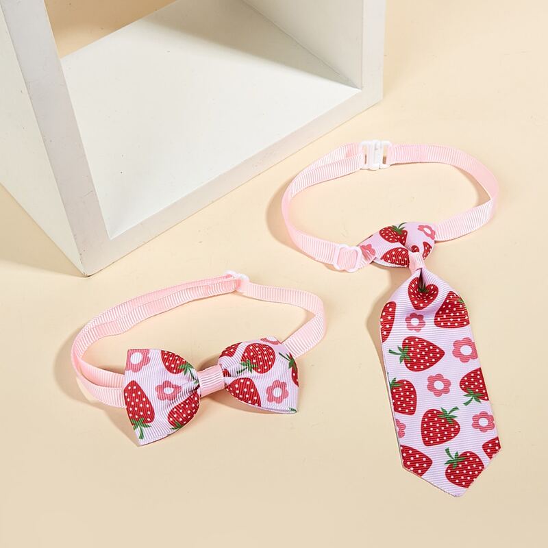 

2pcs Strawberry Print Pet Bow & Tie Set, Pink