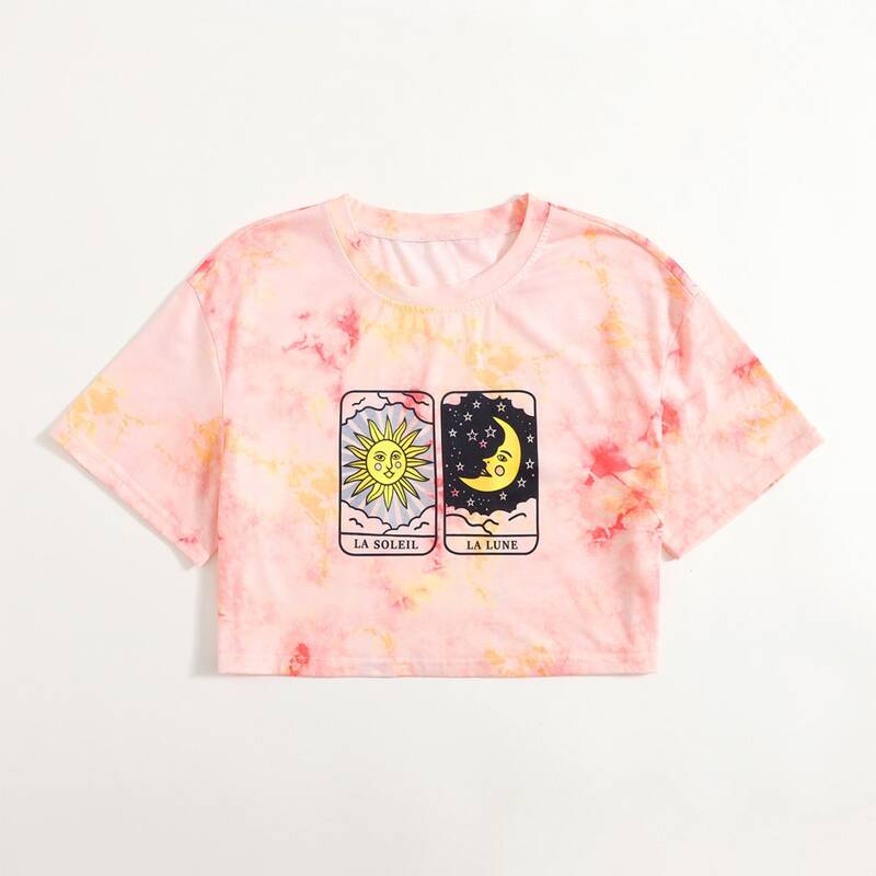 

Letter Sun & Moon Graphic Tie Dye Crop Tee, Multicolor