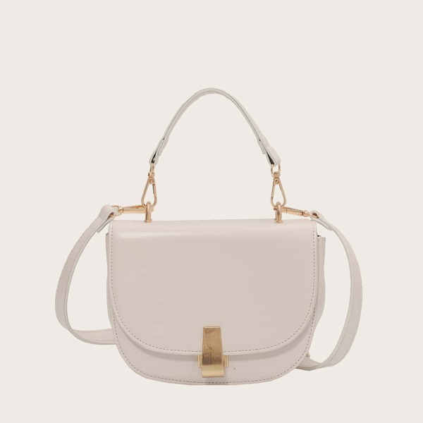 

Metal Lock Flap Satchel Bag, Beige