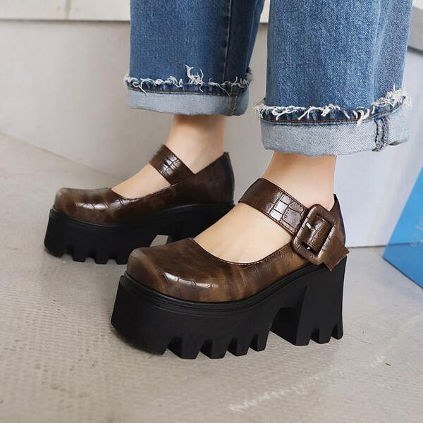 

Croc Embossed Chunky Heeled Mary Janes, Brown