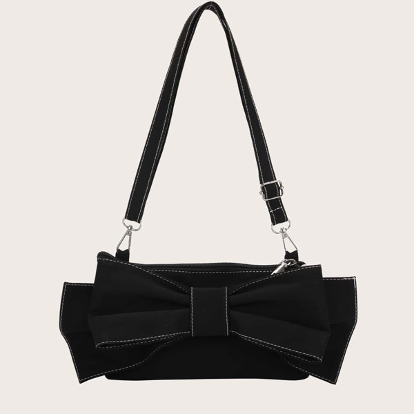 

Bow Decor Stitch Trim Crossbody Bag, Black