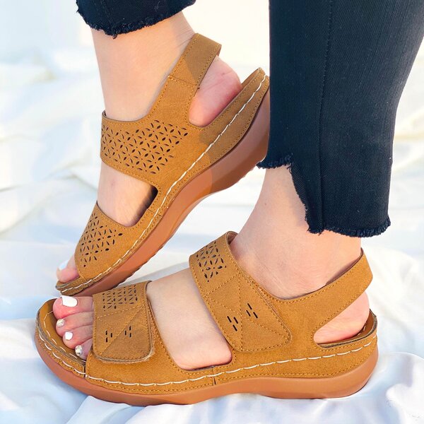

Laser Cut-out Velcro Strap Sandals, Ginger
