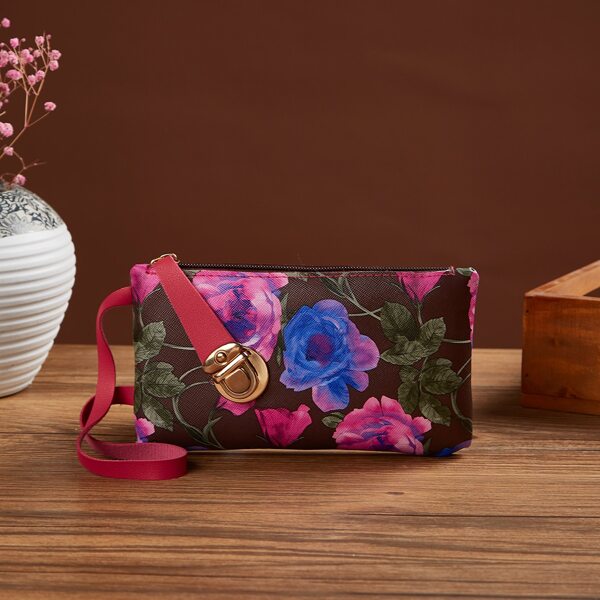 

Floral Graphic Push Lock Clutch Bag, Multicolor