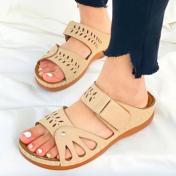 

Laser Cut-out Velcro Strap Mule Sandals, Khaki
