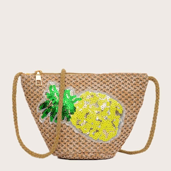 

Sequins Pineapple Decor Straw Bag, Beige