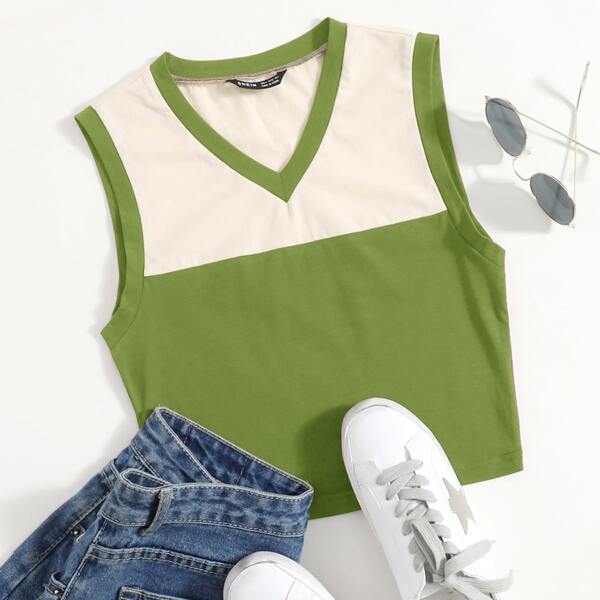 

V-Neck Two Tone Tank Top, Multicolor