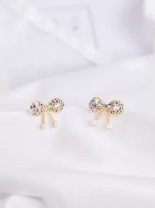 Faux Pearl Bow Decor Stud Earrings - Yellow Gold - View 1