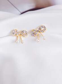 Faux Pearl Bow Decor Stud Earrings - Yellow Gold - View 2