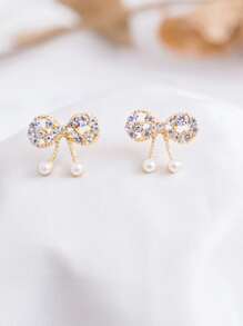 Faux Pearl Bow Decor Stud Earrings - Yellow Gold - View 3