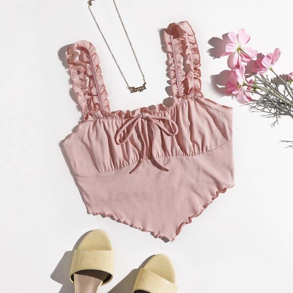 

Ruched Bust Lettuce Trim Bandana Cami Top, Dusty pink