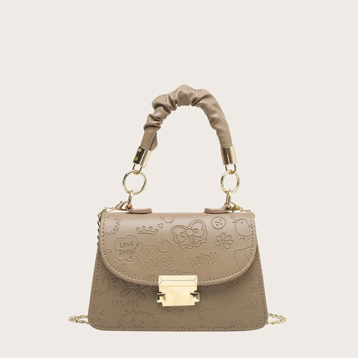 

Cartoon Embossed Chain Satchel Bag, Khaki